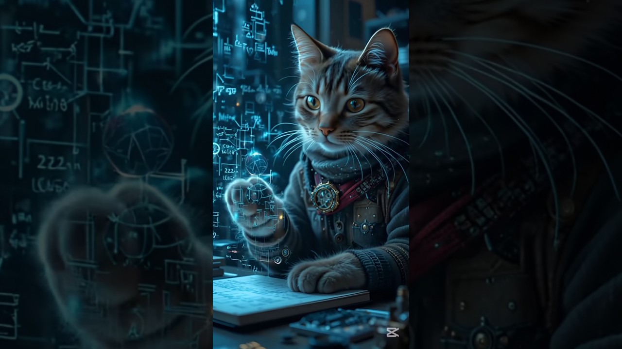 A cat engineer writing complex arcane formulas on floating holograms. 