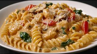 So delicious, you can't stop! Pasta with chicken and mushrooms in a creamy sauce!