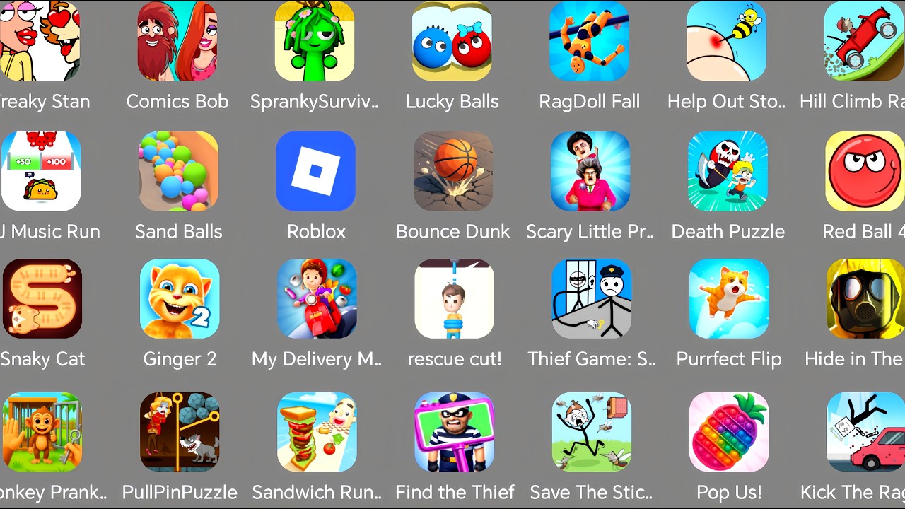 Roblox,Red Ball 4,Kick The Buddy,Lucky Balls,Spranky Survival,Hide In The Backroom,Hill Climb 2