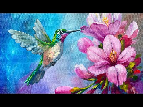 Hummingbird Pink Hibiscus 🌟🎨 How to paint acrylics for beginners: Paint Night at Home