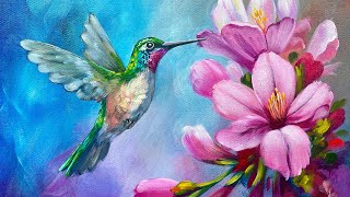 Hummingbird Pink Hibiscus  How to paint acrylics for beginners: Paint Night at Home