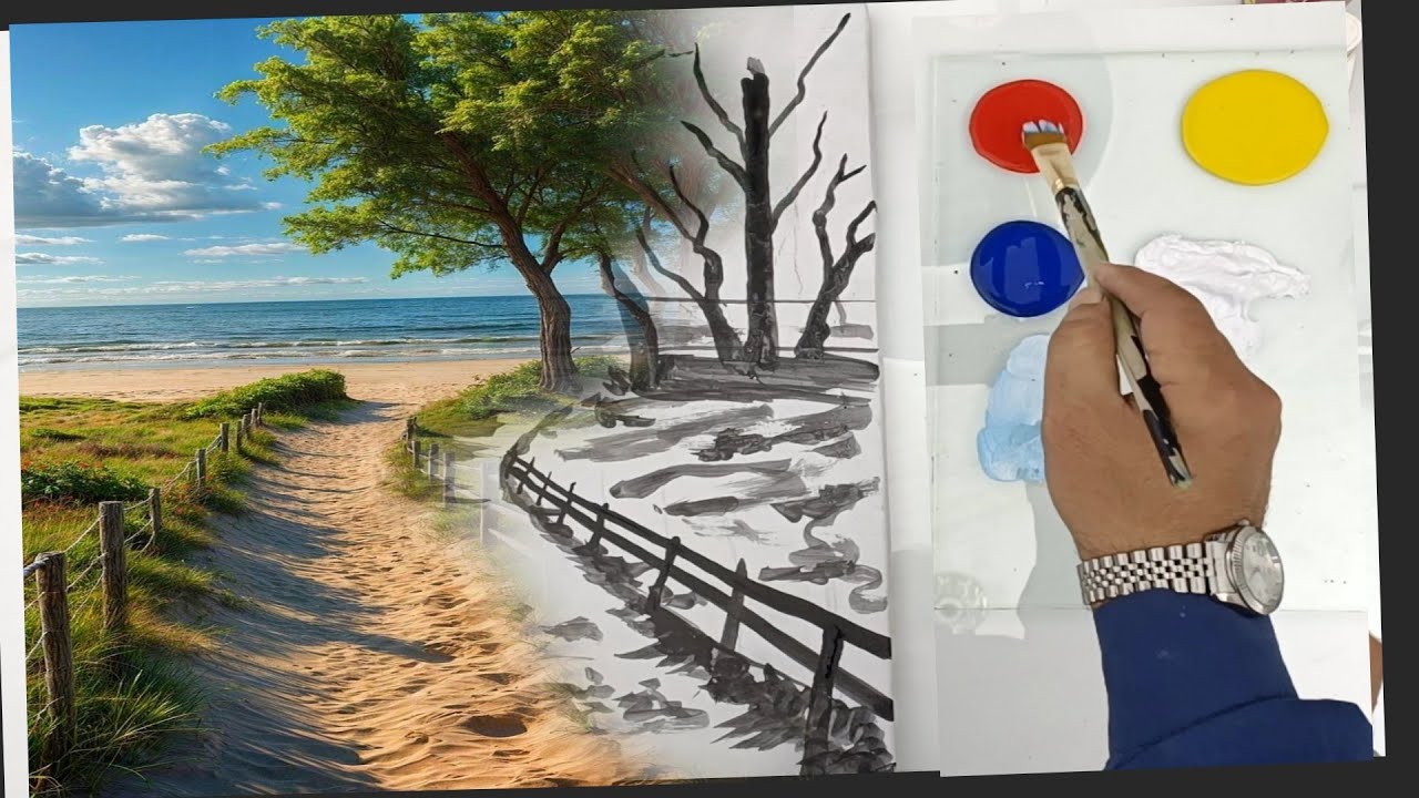 Sea waves, sand, fence and trees /Acrylic paint for beginners _natural views