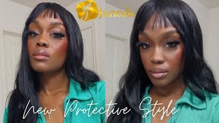Quick and Easy 5 Minute Protective Style! No Glue- Body Wave Wig With Bangs ft. Junoda Wig