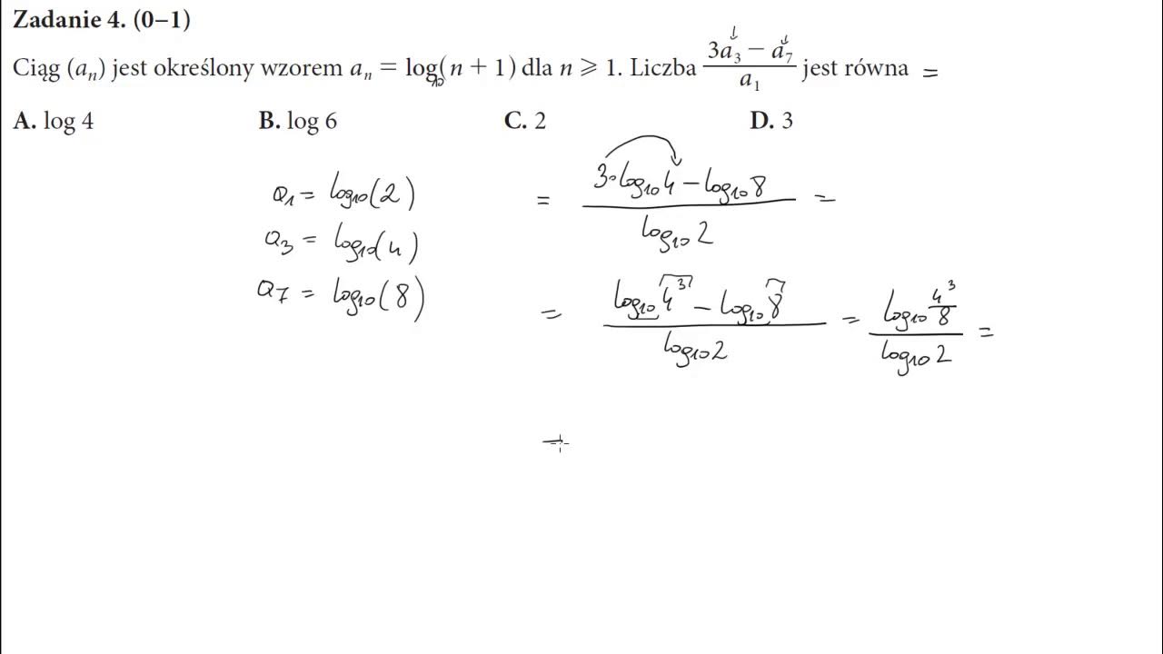 Wartość Wyrażenia Log50 04−12log251 Jest Równa 4 Ciąg an jest określony wzorem an=logn+1 dla n≥1 Liczba 3a3−a7a1 jest