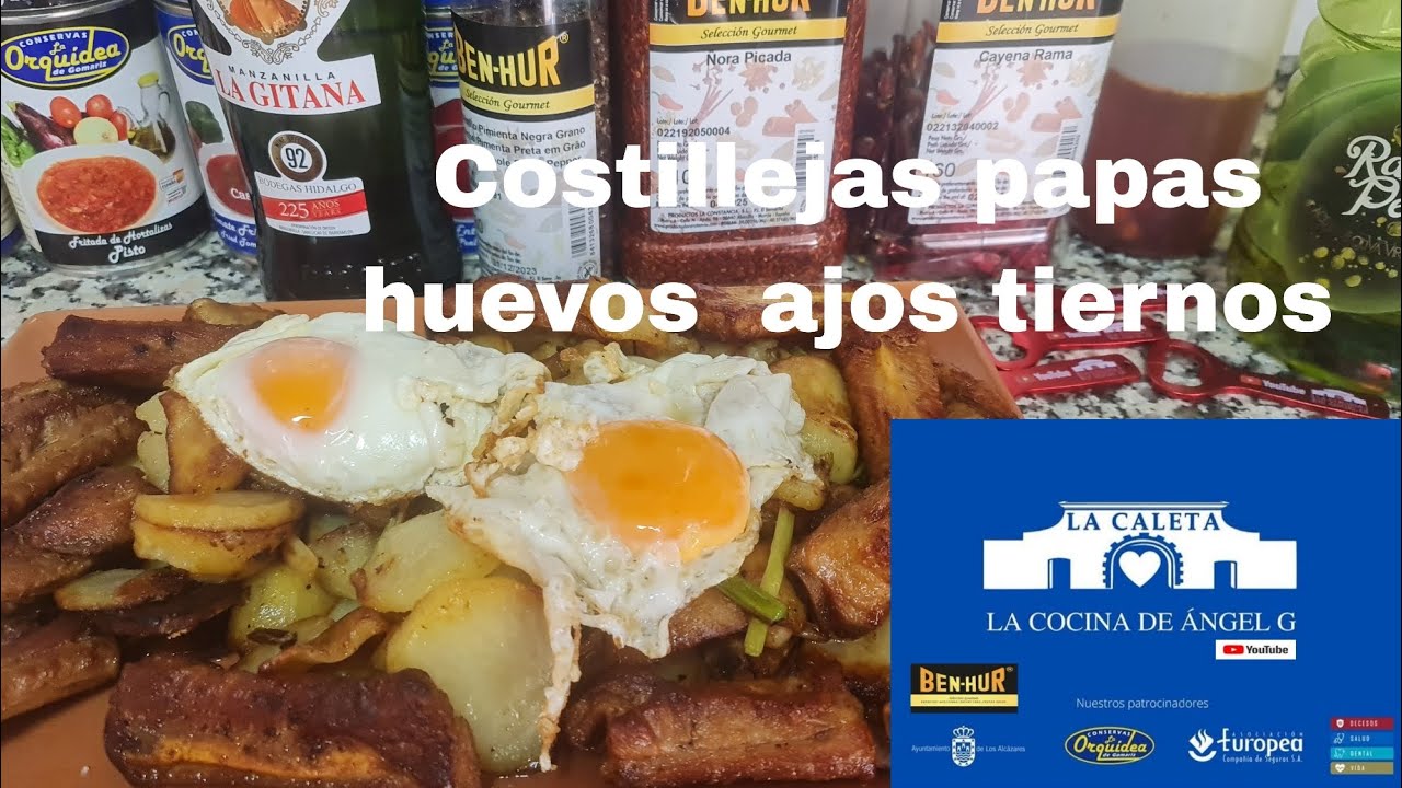 Costillejas con patatas huevos y ajos tiernos