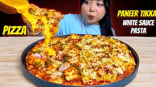 EATING PIZZA 🍕 | 2 DIFFERENT TOPPINGS: PANEER TIKKA & WHITE SAUCE PASTA | MUKBANG ASMR