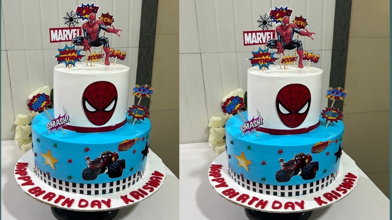 Spiderman cake / spiderman two tier cake / white and blue colour cake / Dilip Boro 897