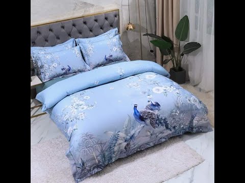 Egyptian Cotton Peacock & Leaf Light Blue Floral Duvet Cover Set