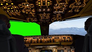 Кабина пилота  на зеленом фоне. Футаж кабины самолета на зеленом фоне. Хромакей. Green screen.