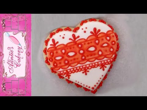 Red Lace Heart Valentine Cookie Decorated with Royal Icing