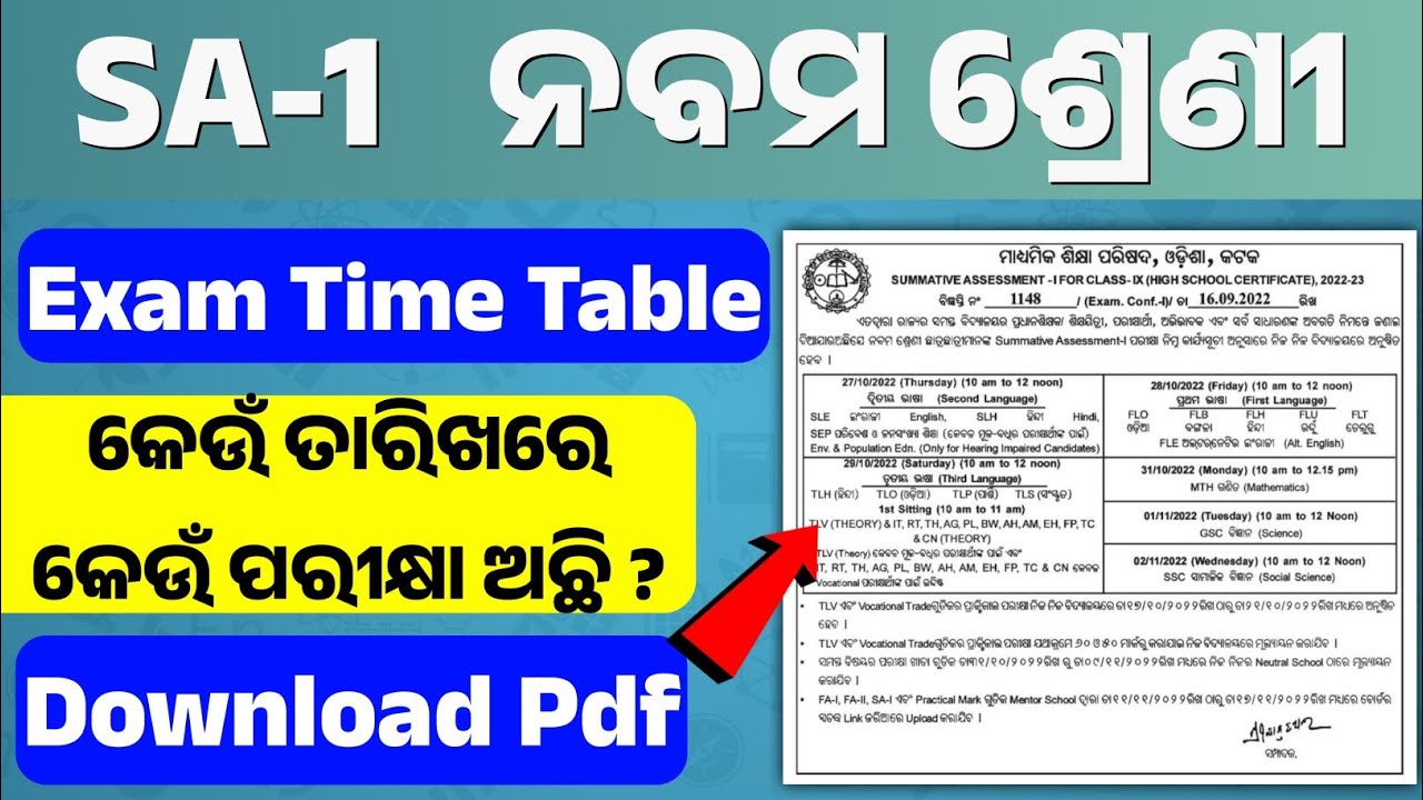 SA1 Exam Time Table 2022 *9th Class* YouTube