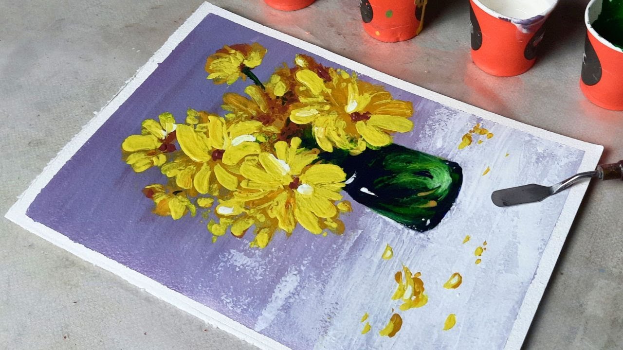 Simple Palette Knife Flower Painting - Easy Yellow Blossoms in a Vase ...