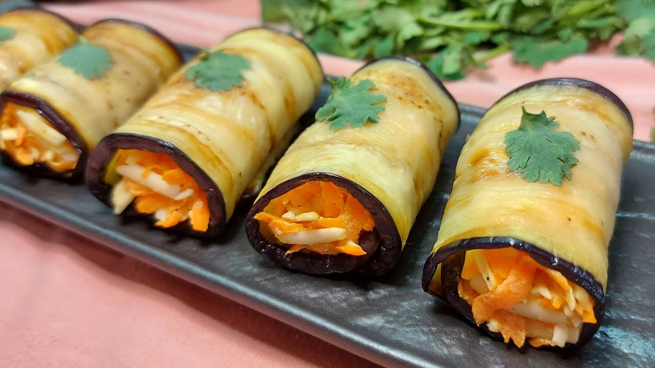 Рулетики из баклажанов с сыром, чесноком и морковью