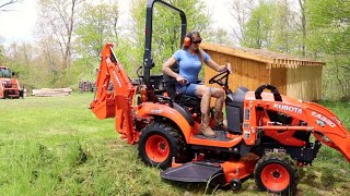 #784 Kubota Tractors at Work, Mowing, Grading, Spreading Rock