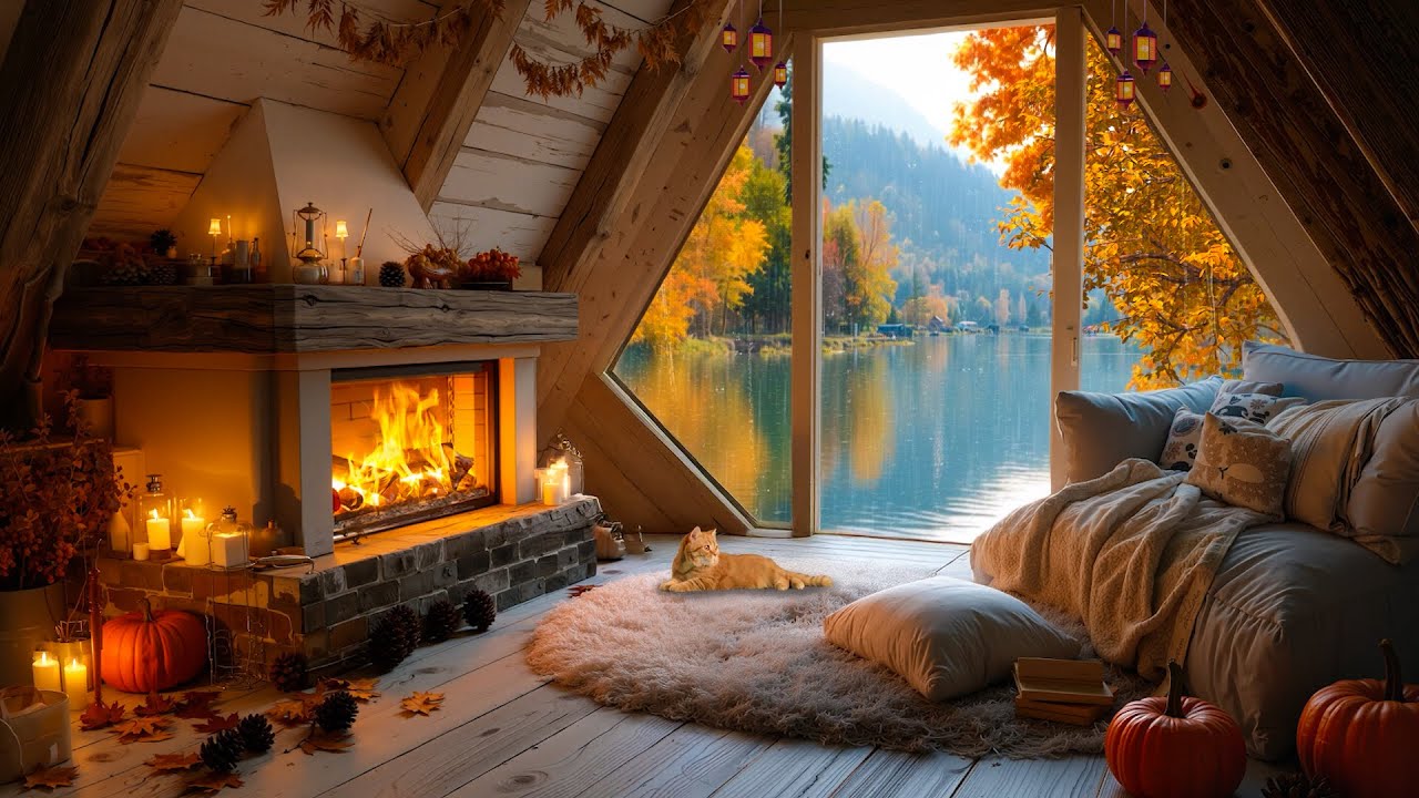 Cozy Autumn Cabin by the Lake 🍁 Rain Sounds, Crackling Fireplace ...
