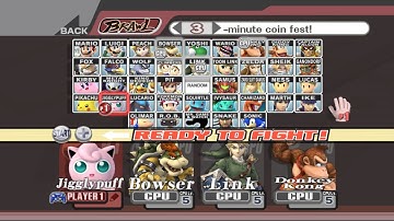 Jigglypuff VS Bowser VS Link VS DK | 3 Min Coin | Super Smash Bros Brawl Fight 17