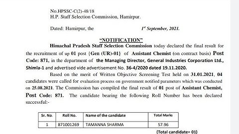 HPSSC DECLARED FINAL RESULT OF ASSISTANT CHEMIST POSTAL CODE 871 || #hpssc