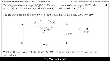 2023 Maths Standard 2 HSC Q33 Find perimeter of composite shape involving arc, triangle & rectangle