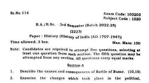 Gndu BA / Bsc 3rd Semester History Question Paper | Ba 3rd Semester History Question Paper 2023