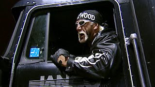 Hulk Hogan drives a tractor-trailer into an ambulance carrying The Rock: Raw, Feb. 18, 2002