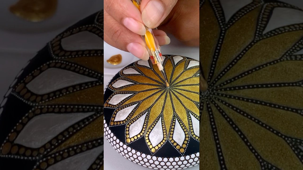 White & Gold Mandala Rock ✨ Dot Art Magic! 