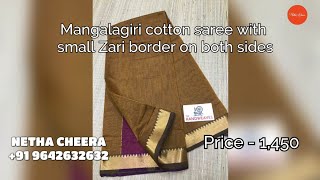 Mangalagiri Cotton Saree With Small Zari Border On Both Sides By Netha Cheera