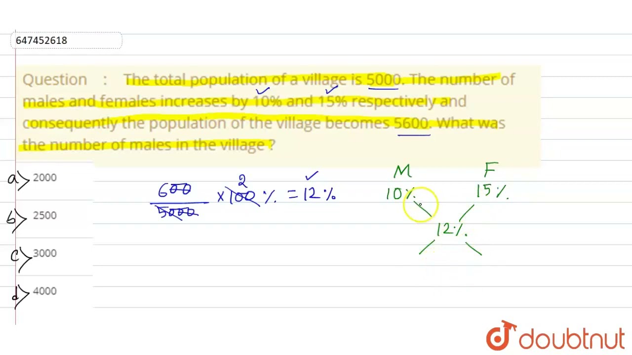 The total population of a village is 5000. The number of males and females increases by 10% and ...