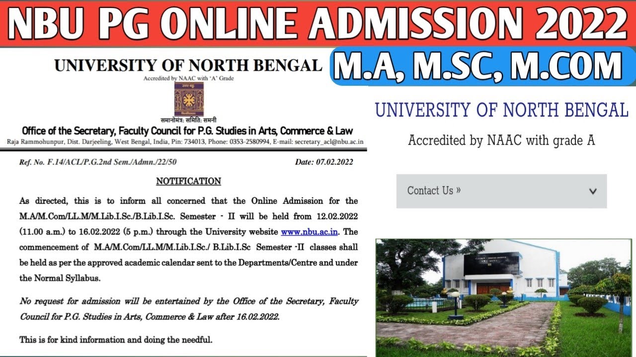NBU - PG admission 2022 Online || M.A  M.sc,M.com || University of North Bengal