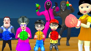 Scary Teacher 3D vs Squid Game shoot basketball 4 Times Challenge On Sea Nick and Tani Win
