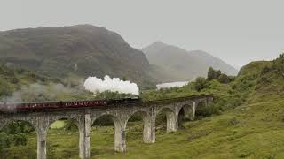 Steam Train (Hogwarts Express) at Glenfinnan Viaduct 4K Drone footage.