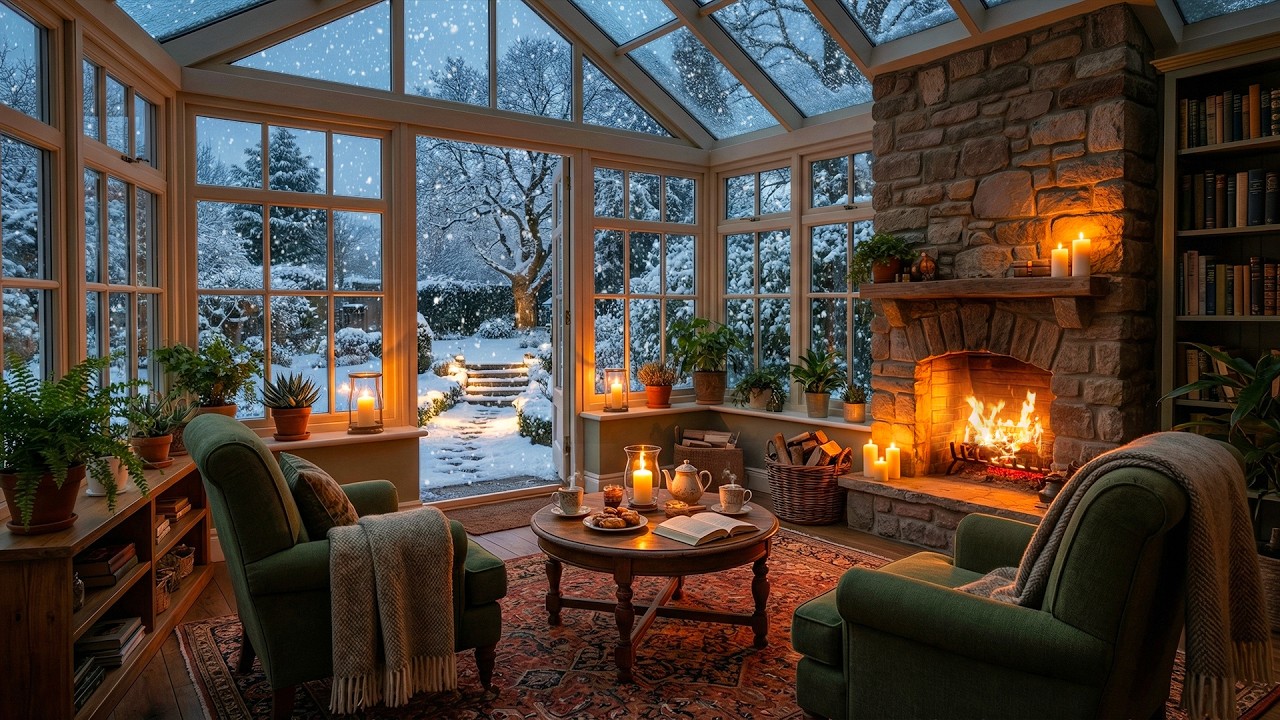 Soft Jazz & Cozy Fireplace Sounds for Stress Relief ❄️ Snowy Cabin Ambience in a Quiet Forest