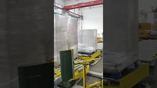 automatic #palletwrapper   with #rollerconveyor   and #palletcenteringconveyors for #palletizer