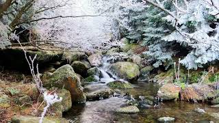 mountain stream, winter landscape - time lapse, zoom out