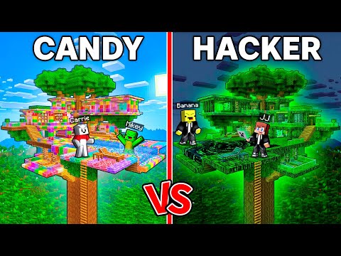 JJ and Mikey vs Friends : CANDY vs HACKER TreeHouse Build Battle in Minecraft ! - Maizen