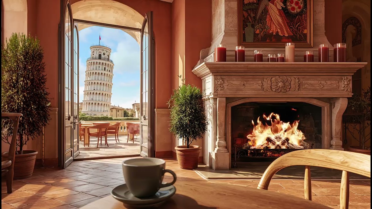 Italian Café Fireplace Ambience ☕ Jazz Piano with Leaning Tower of Pisa | Study, Relax & Focus
