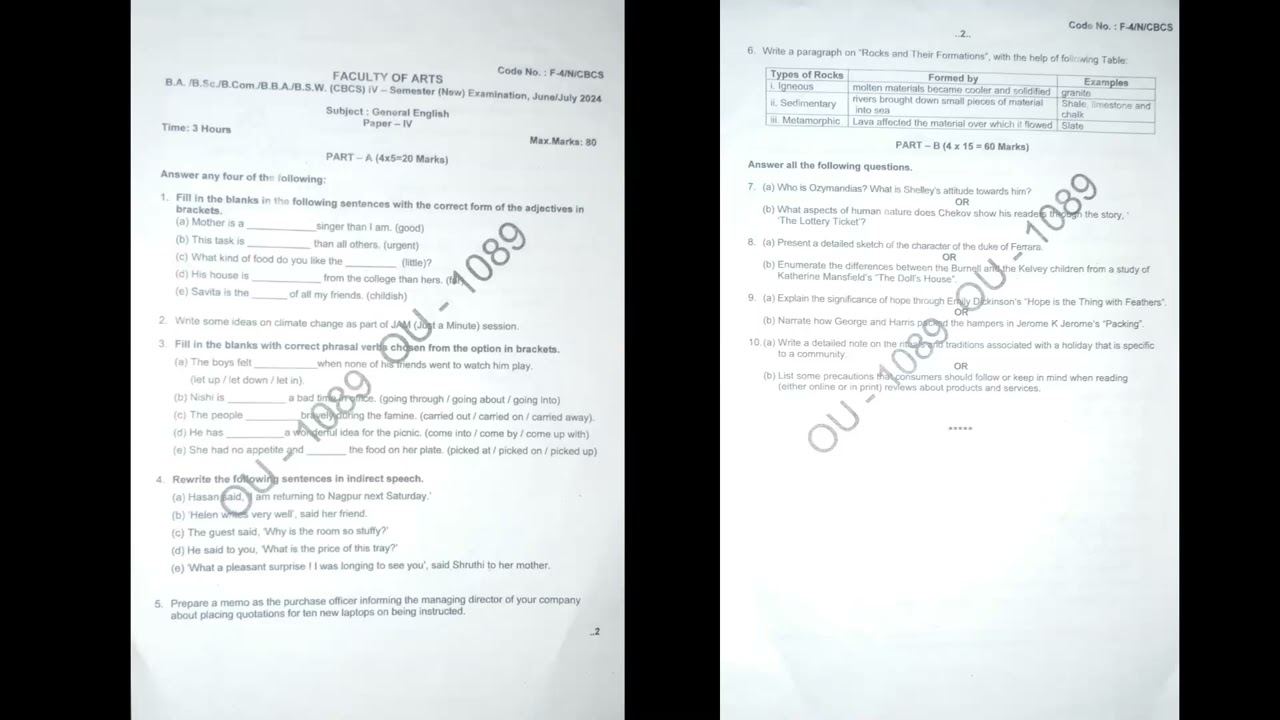 English | Sem 4 | June 2024 | BA-BBA-BCom-BSc Question Paper | OU - Osmania University