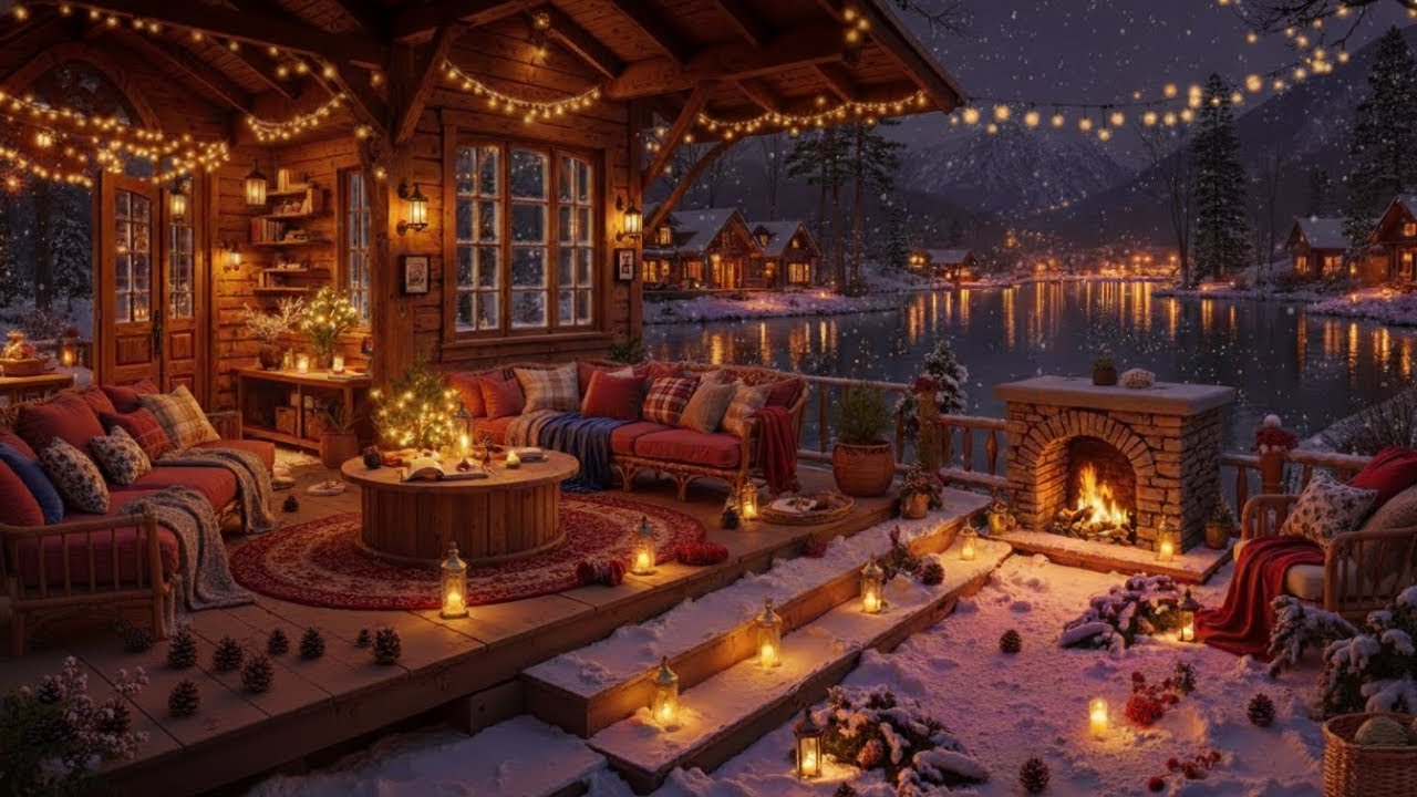 Soothing Winter Porch Ambience ❄️ Cozy Fireside Jazz & Gentle Snowfall for Focus & Relax