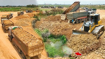 Wonderful Complete Land Filling By Skills Shantui C3 Dozer Pushing Soil And Dump Truck Dumping Soil