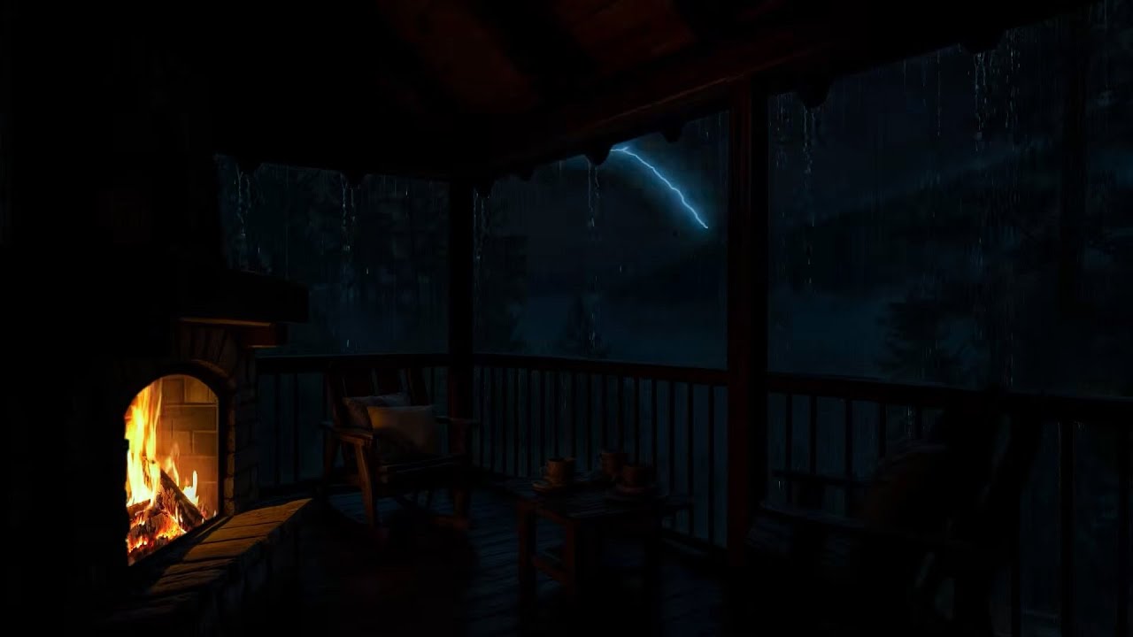 Thunderstorm Night on the Porch⛈️ Crackling Fireplace, Rain & Distant Lightning Sounds🔥⚡