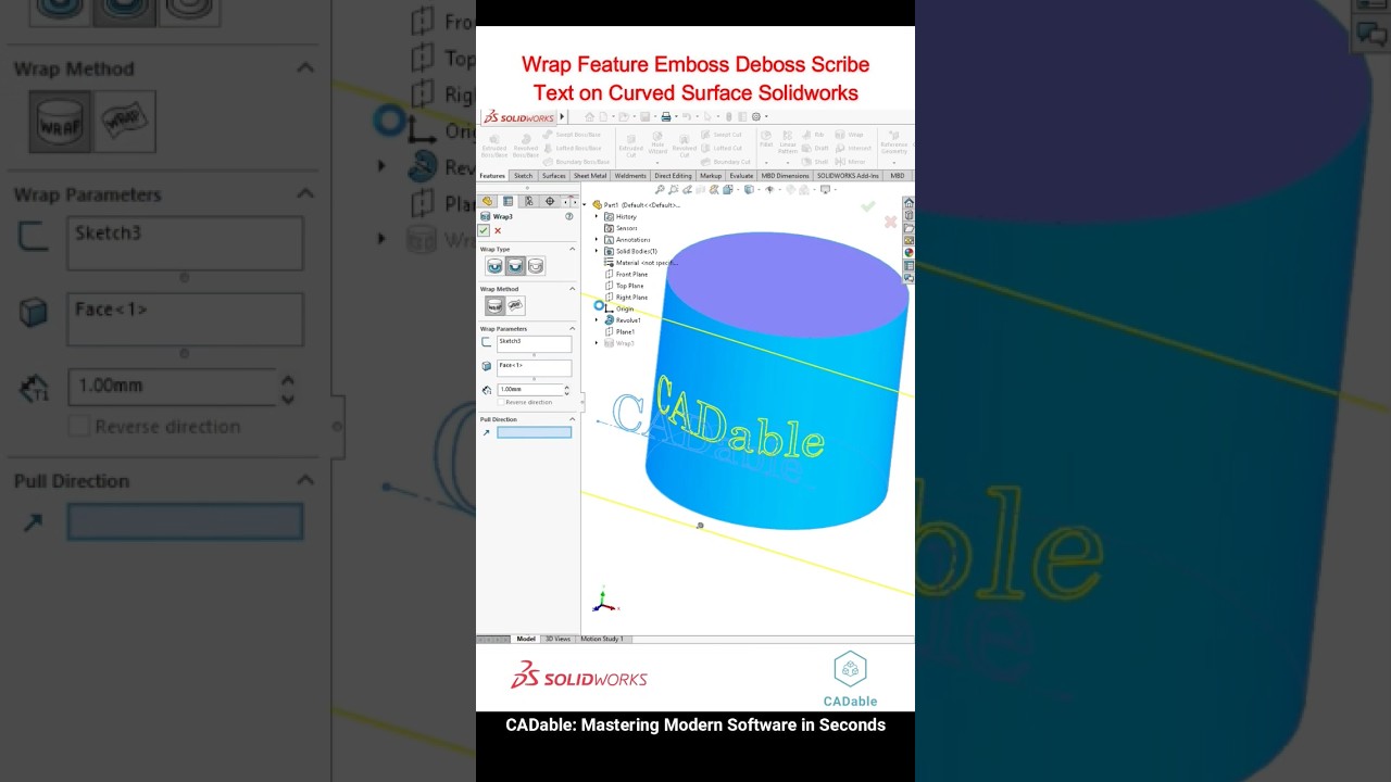 Wrap Feature Emboss Deboss Scribe | Text on Curved Surface Solidworks 