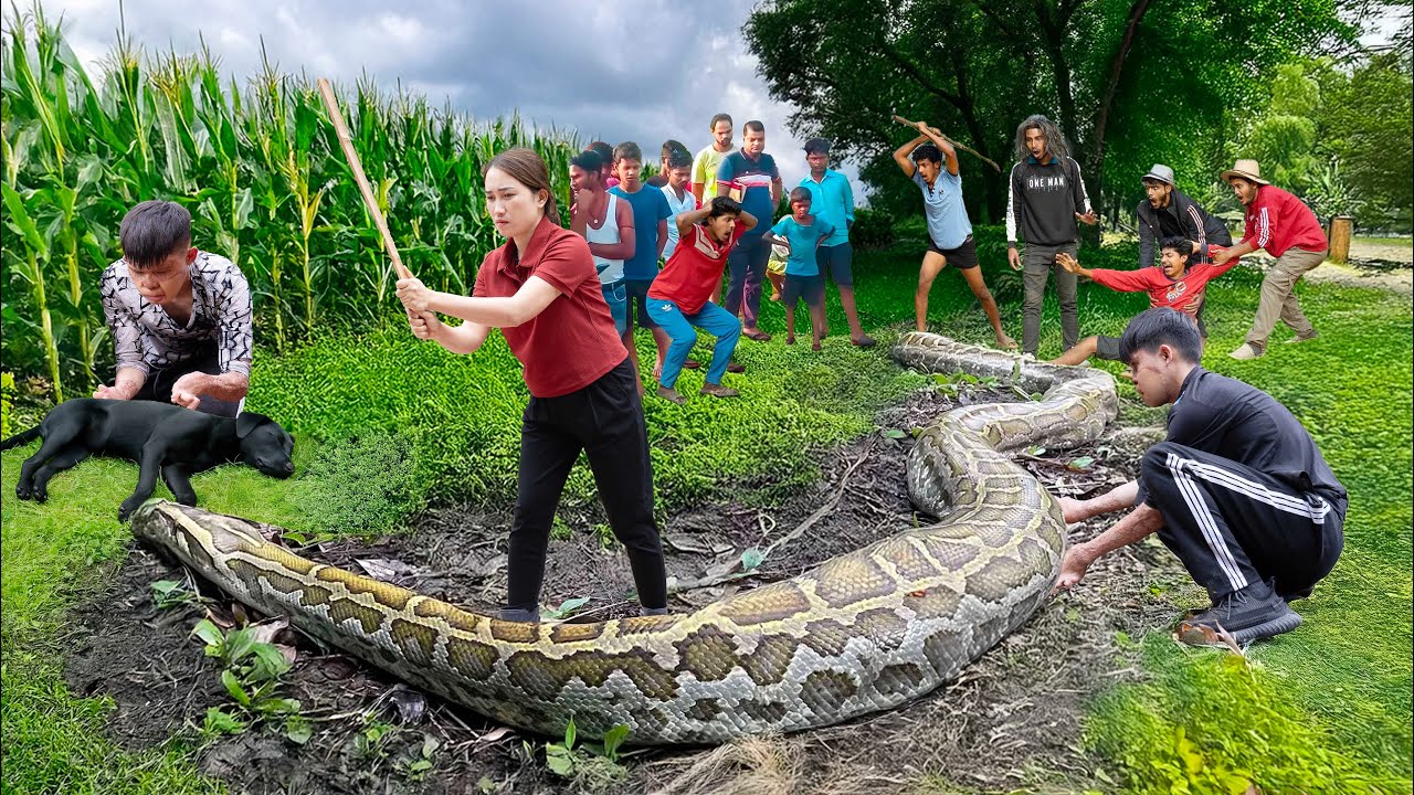 Brave hunter uses bamboo stick to confront giant golden python | Smart dog escapes