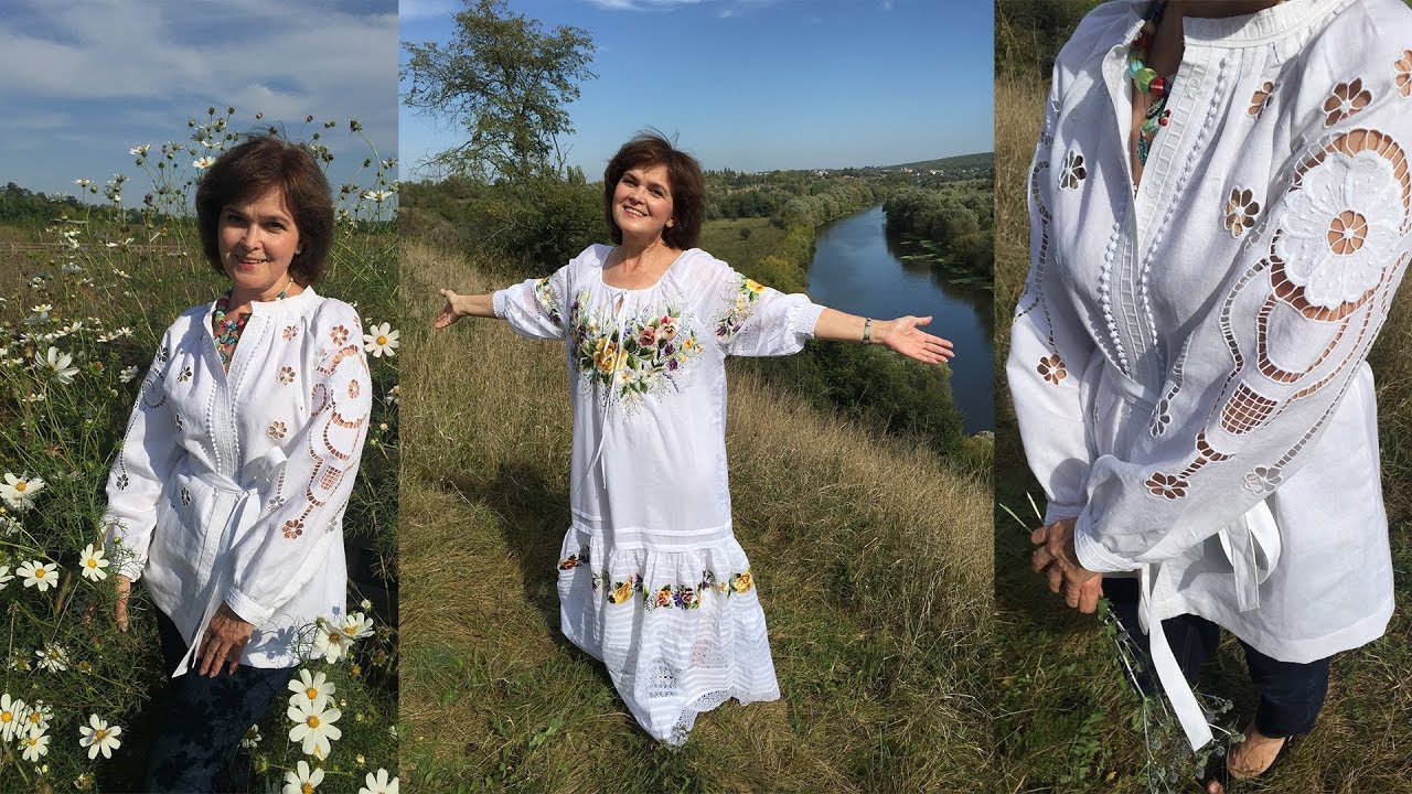 Вышитая туника и белое платье. Вышивка гладью и вышивка ришелье.