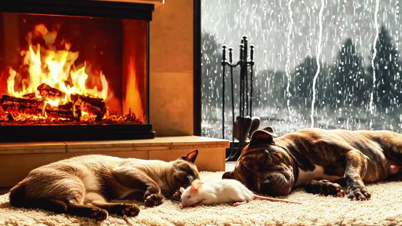 Cozy Fireplace Night 🔥 Sleeping Cat, Dog & Mouse | Heavy Rain, Thunder & Gentle Snoring 😴🌧️