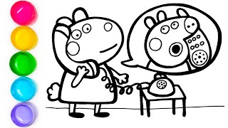 Drawing and Coloring Peppa Pig and Suzy Sheep Talking On The Phone   Drawings for Kids