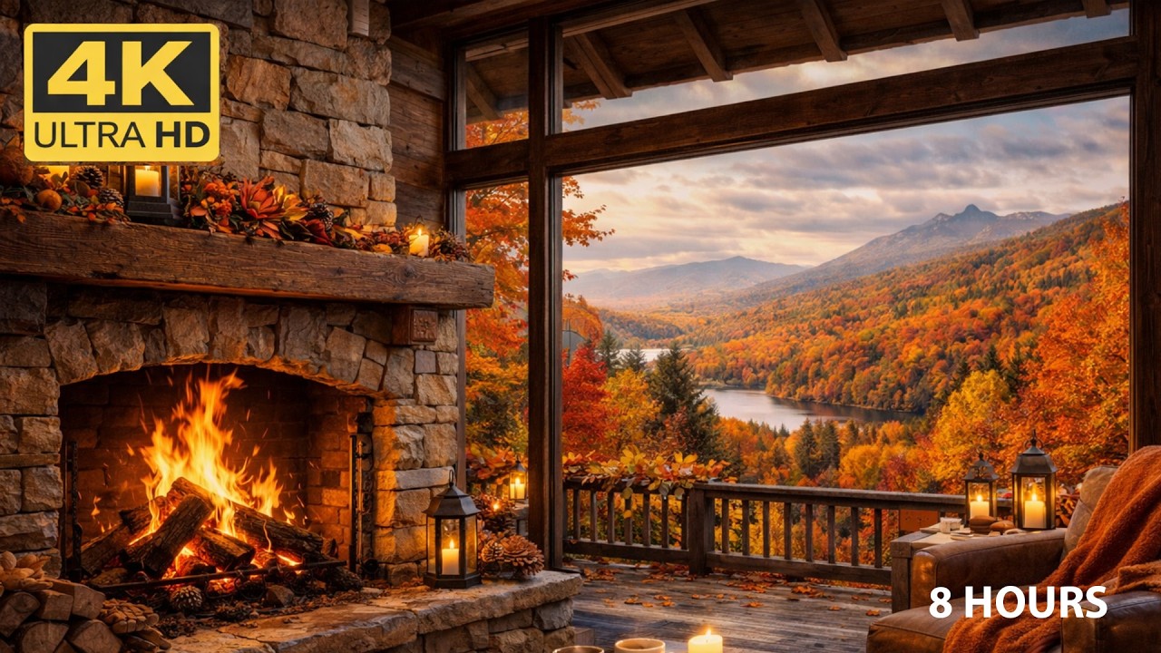 Fall Fireplace Ambience 🍁 7 Hours Cozy Cabin Fire & Autumn Mountain View (4K)