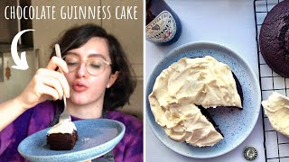 Vegan chocolate guinness cake; rich dark (but light) cake made with
and topped a fluffy vanilla frosting. full recipe here: http://ma...