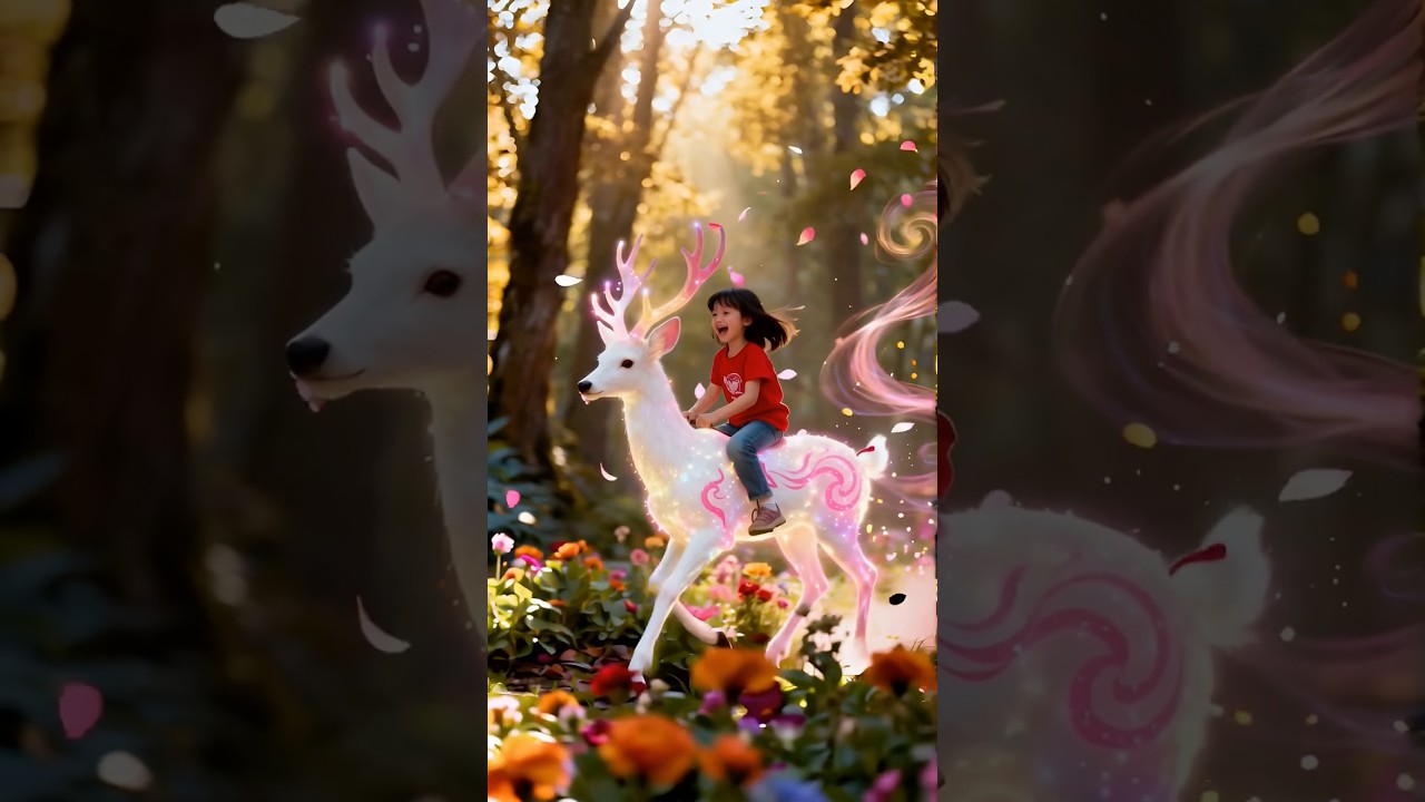A young girl with curly hair rides a pastel-colored pegasus with rainbow wings #virqlshorts #viral