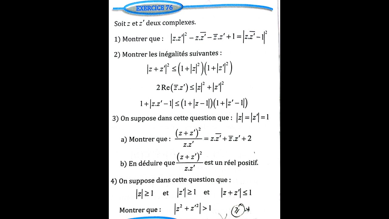 Nombres complexes 2 bac SM Ex 76  page 100 Almoufid