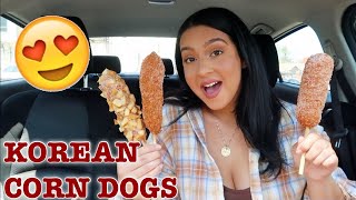 TRYING CHEESY KOREAN RICE CORN DOGS FOR THE FIRST TIME!!