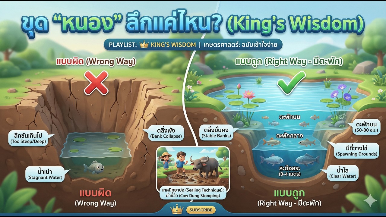 วิธีขุด 'หนอง' ตามศาสตร์พระราชา: สูตรลึก 3-4 เมตร + เทคนิค 'ยาบ่อ' ด้วยขี้วัวแก้ดินทรายเก็บน้ำไม่ได้
